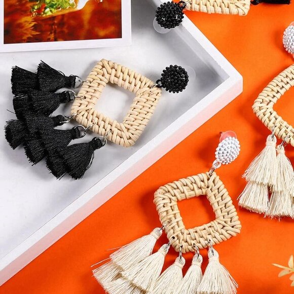 2 Pairs Rattan Tassel for Women Bohemian Woven Summer Beach Jewelry GiftsBlack a - Picture 5 of 7